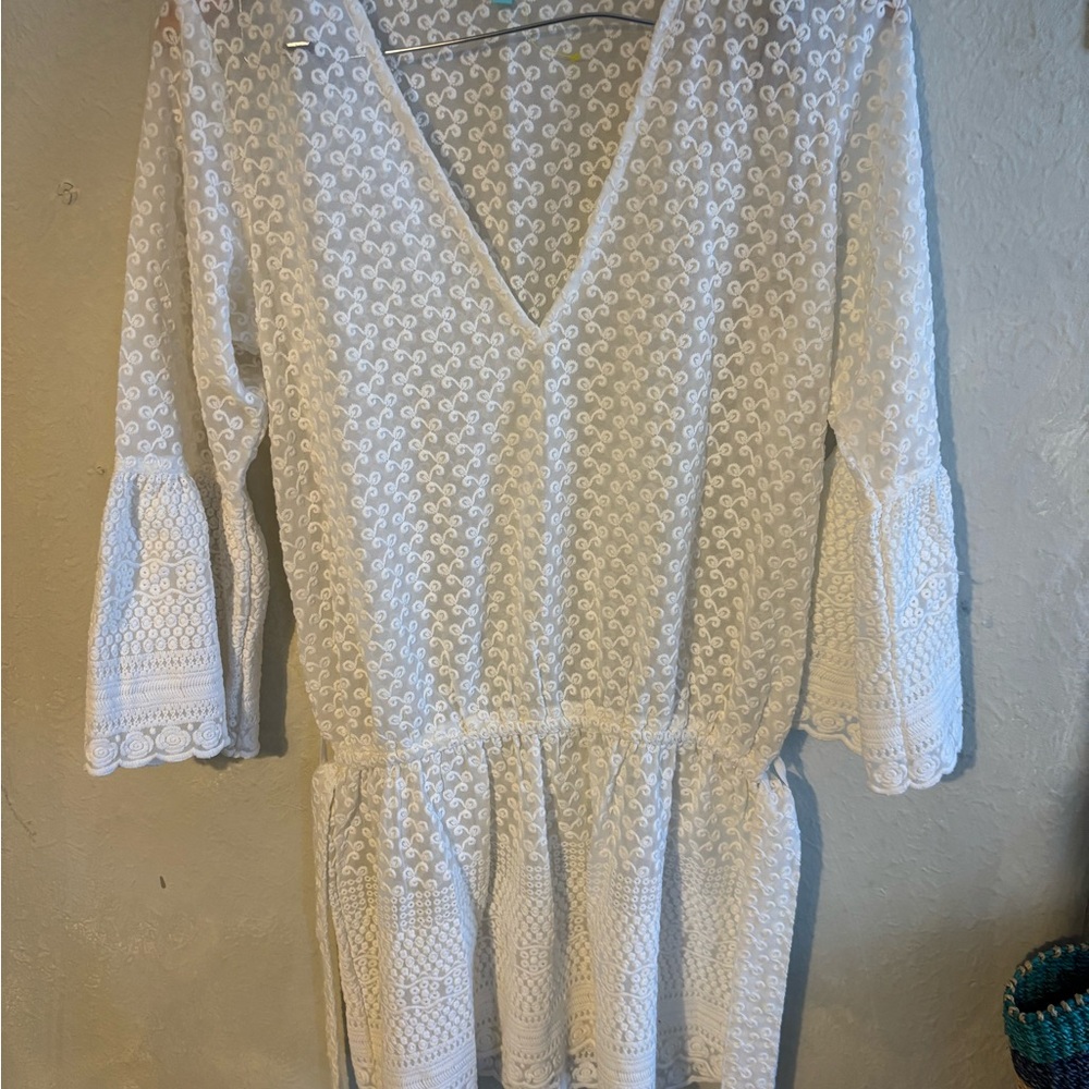 Melissa Odabash White Crochet Lace Beach Cover-Up Tunic with Tie - Picture 2 of 7